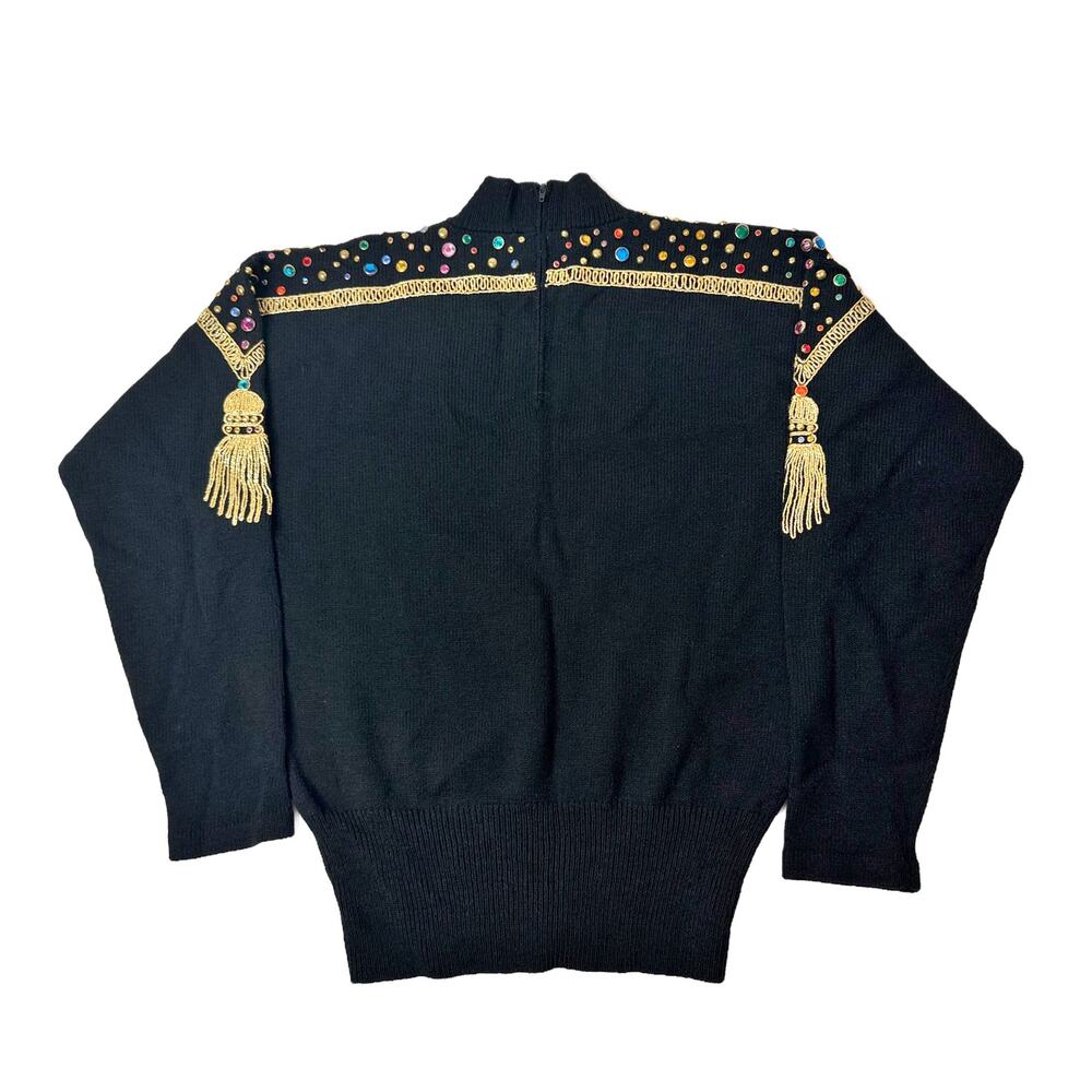 Vintage 80s Antonella Preve NY Gold Tassel + Studs + Rhinestone Sweater Medium - Picture 7 of 16